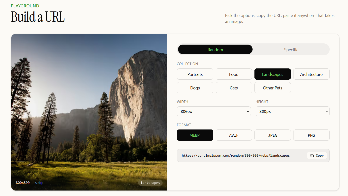 imgipsum — category and size picker